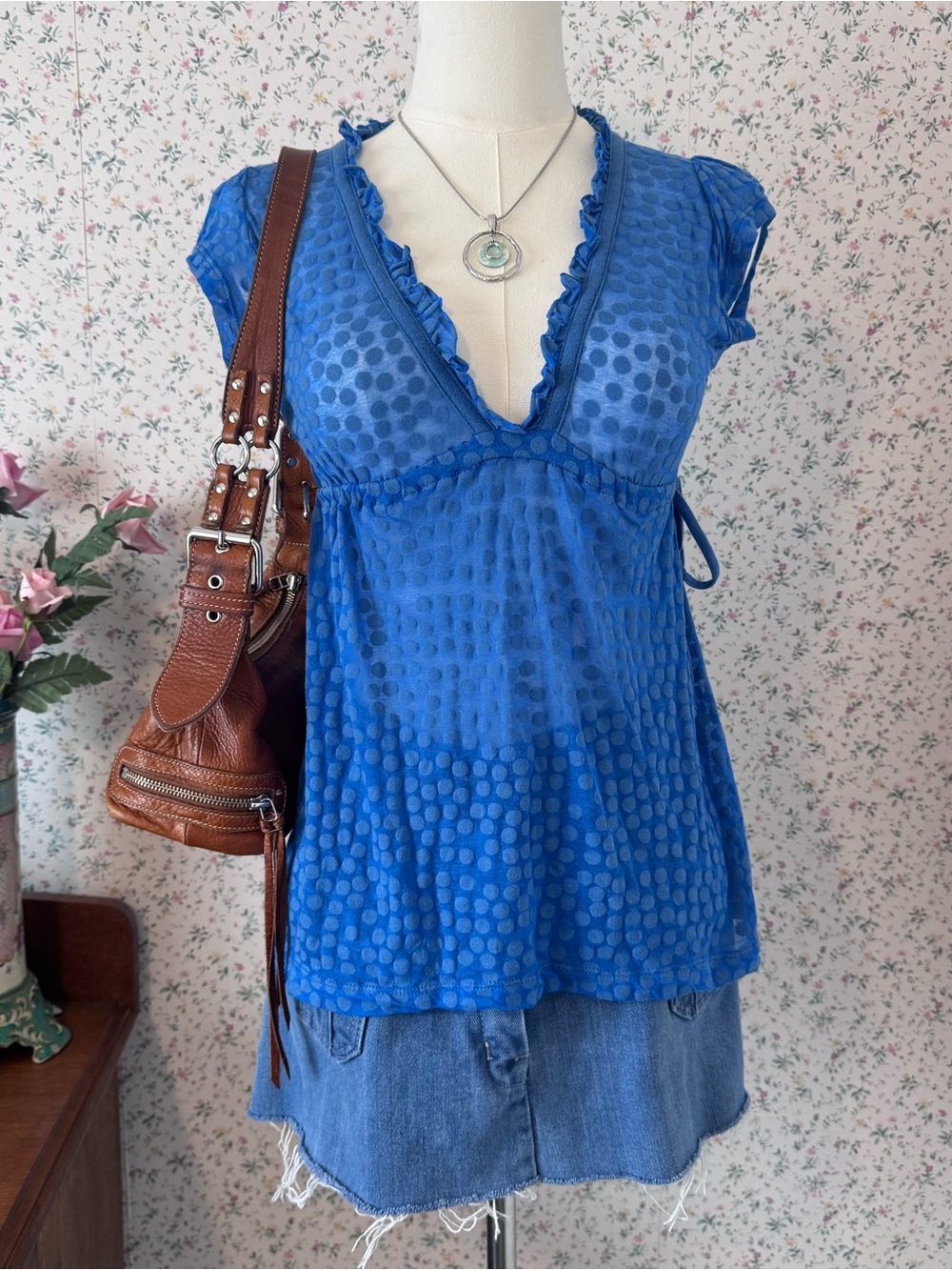 Y2K Blue Polka Dot Babydoll Sheer Top